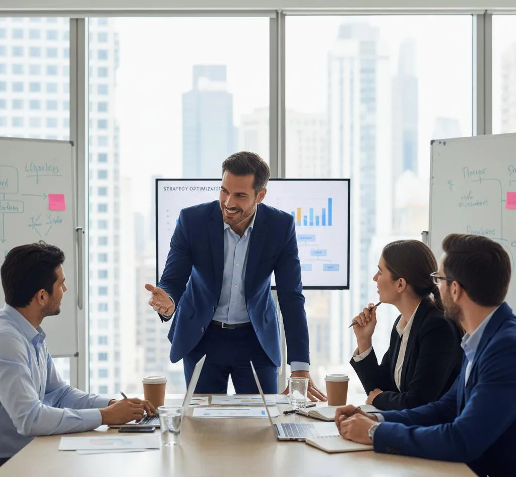 Consultant presenting strategy to a small team