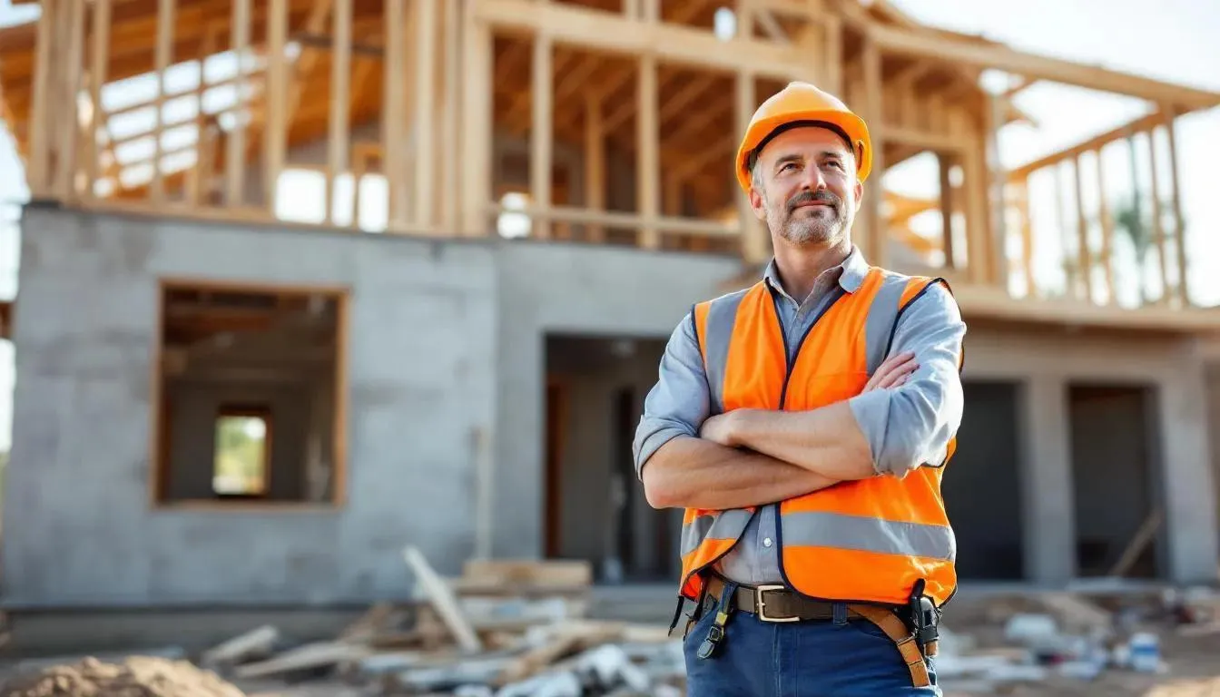 Contractor in a hard hat and safety vest at a build site