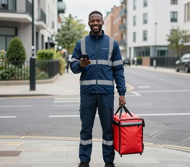Delivery gig worker with an insulated food bag on a city street