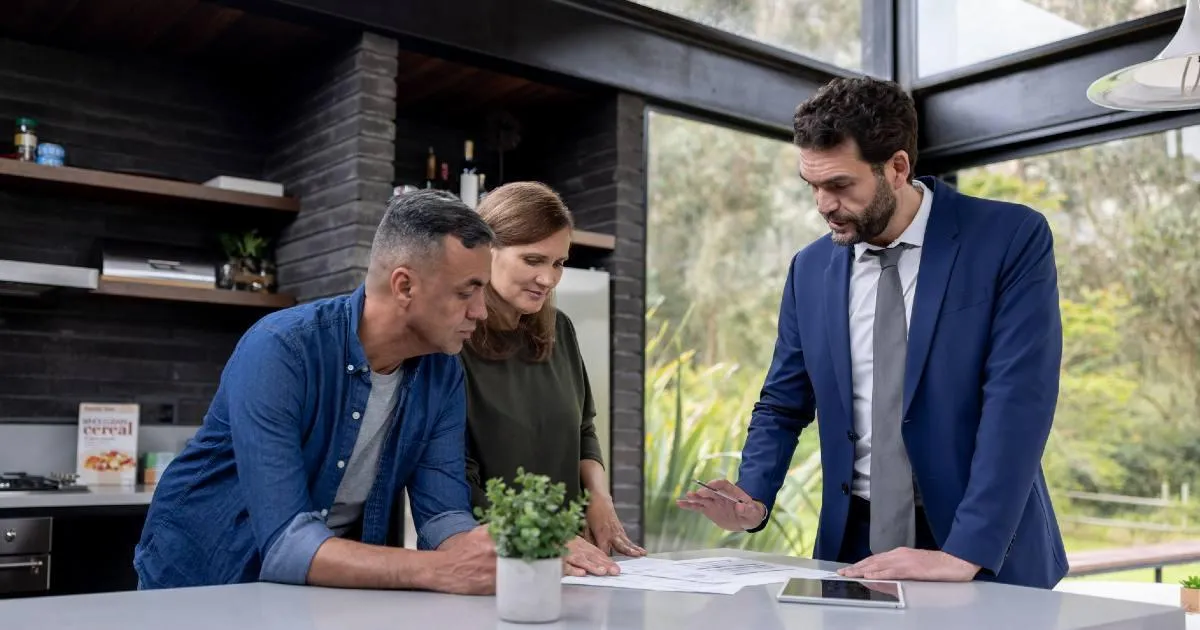 Realtor reviewing floor plans with home buyers