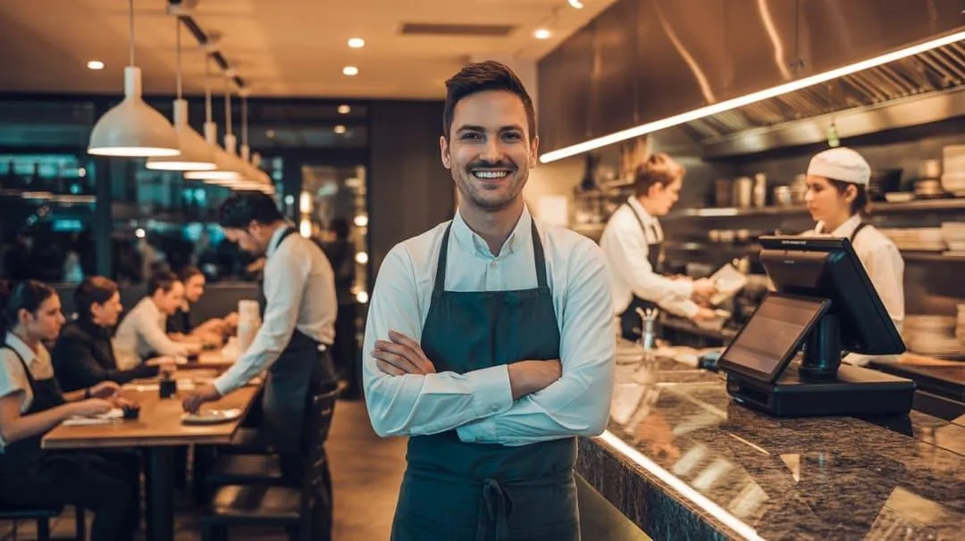 Restaurant server in an apron by the open kitchen