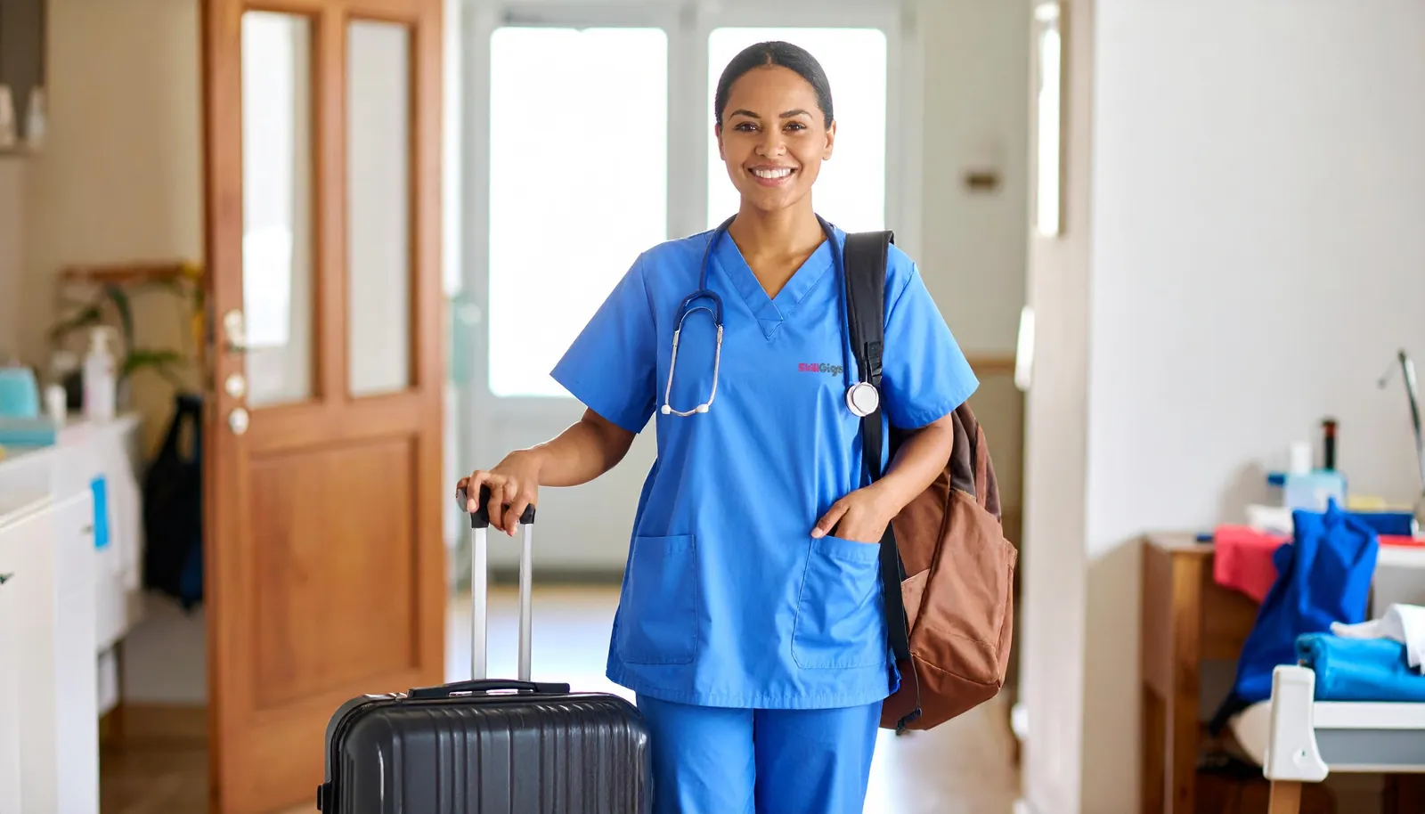 Travel nurse with luggage starting a new assignment