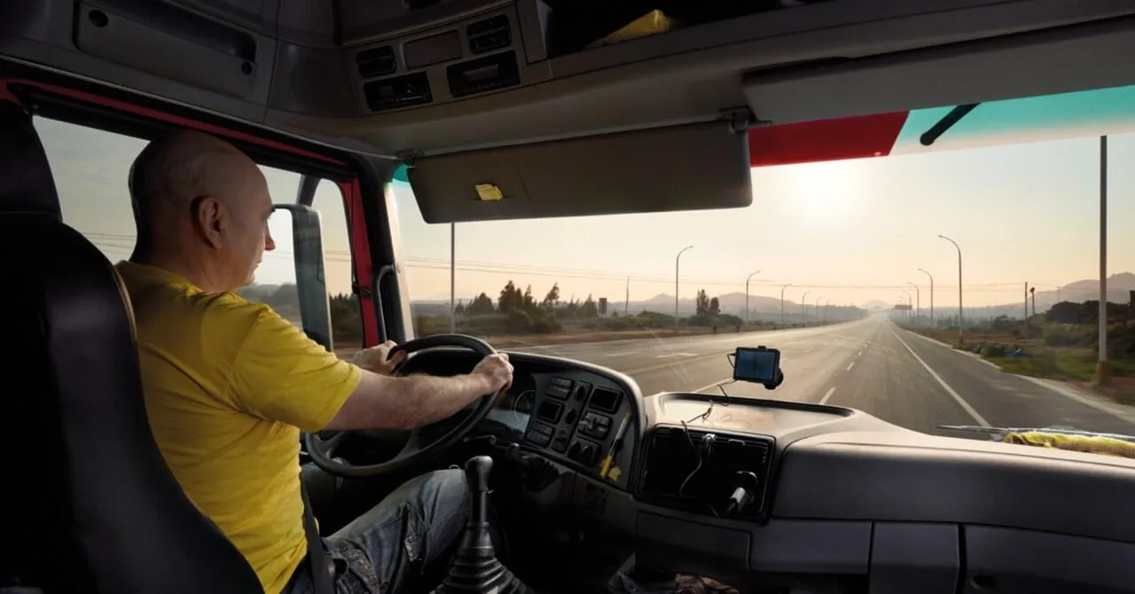 Truck driver on the open highway at sunrise